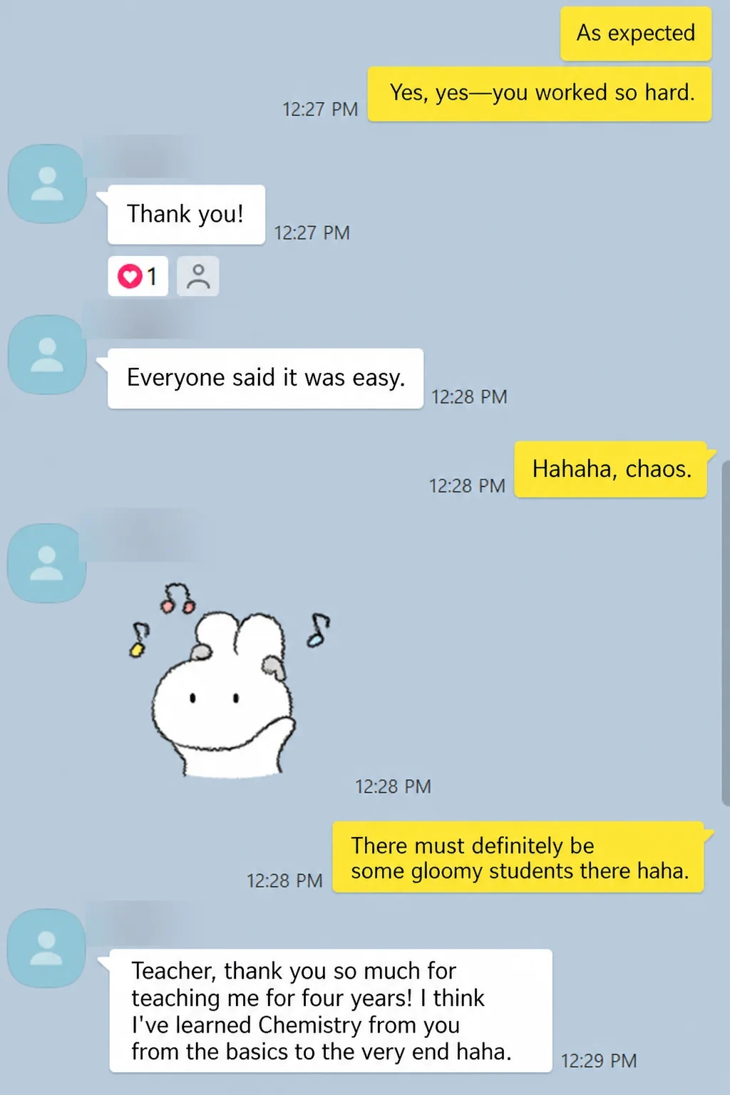 English translation of a student thanking their IB Chemistry teacher after the exam