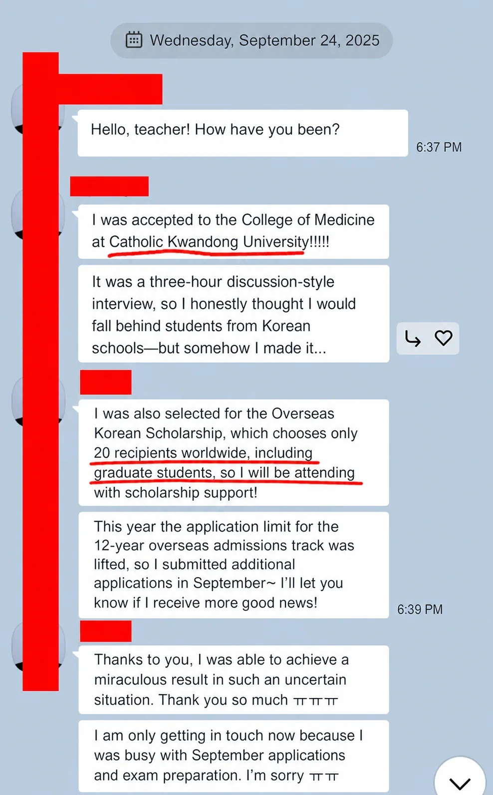 English translation of a Catholic Kwandong University medical acceptance and scholarship message