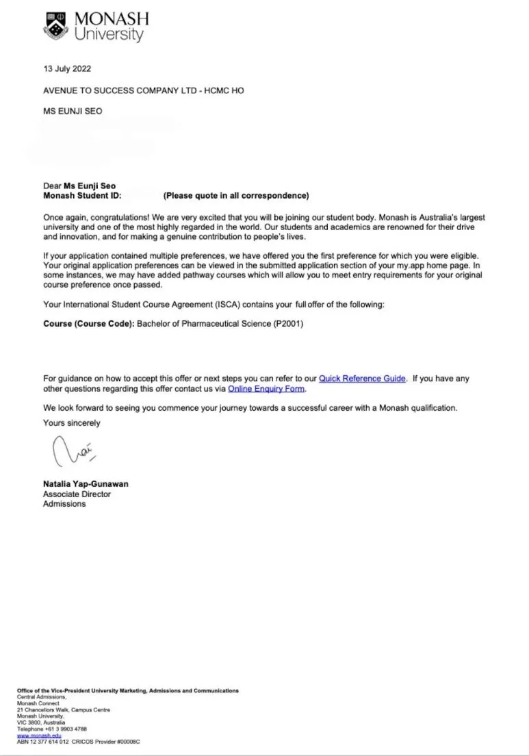 Monash University Bachelor of Pharmaceutical Science offer letter