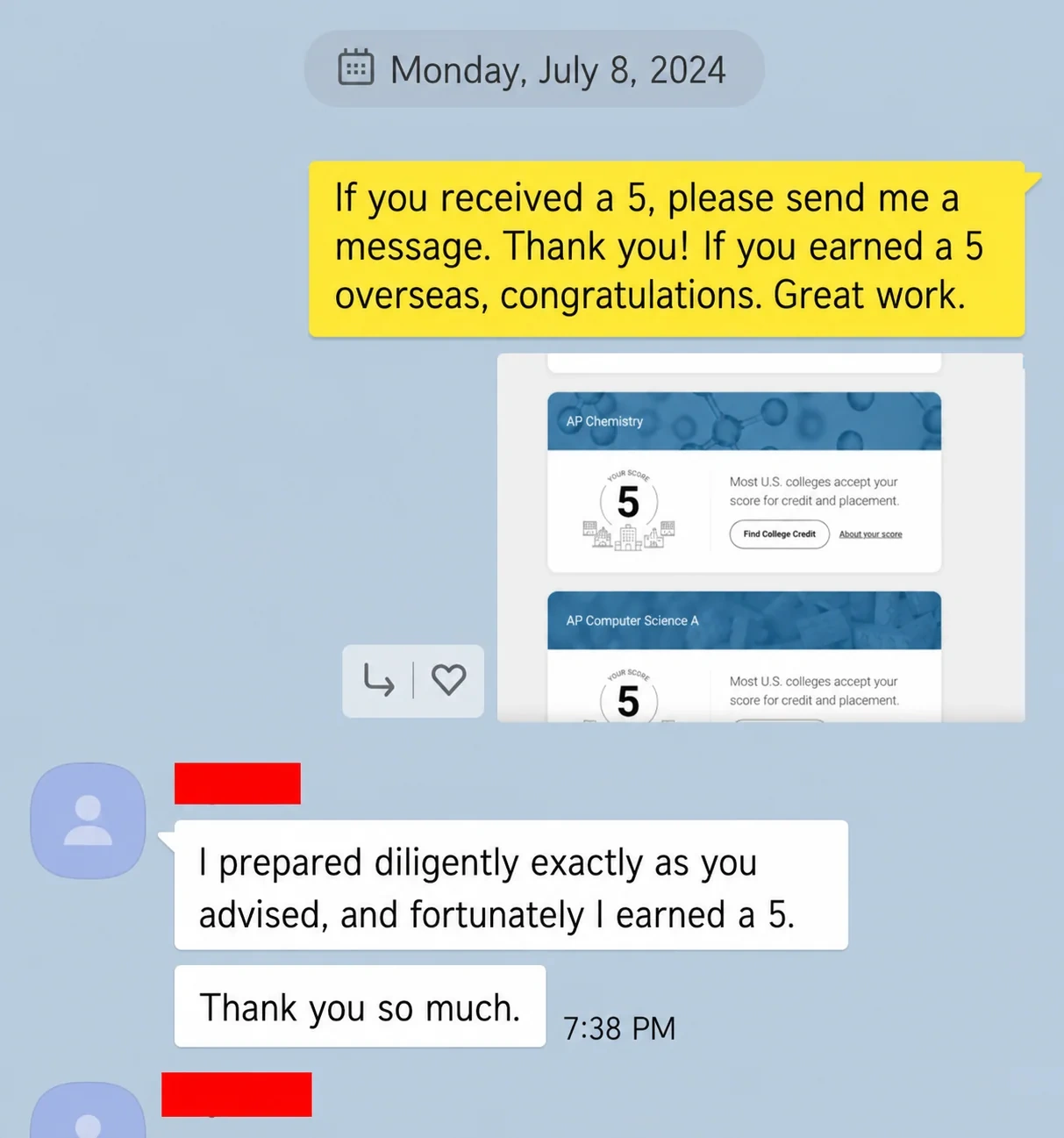 English student message thanking their teacher after earning an AP score of 5