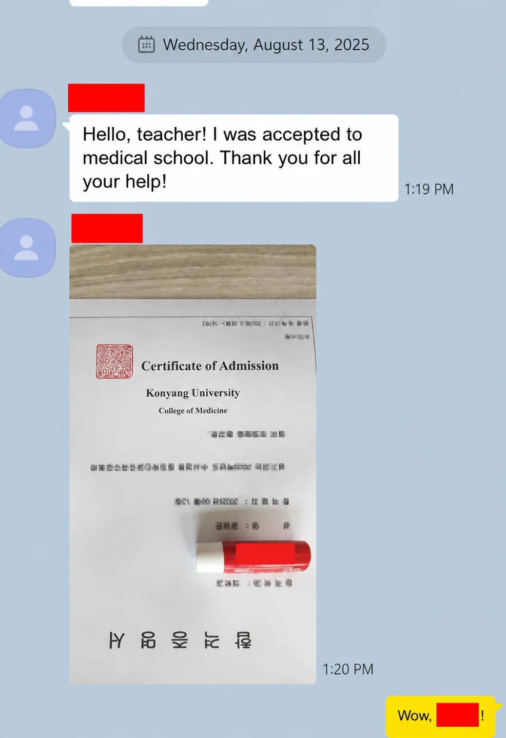 English translation of a Konyang University medical-school acceptance message and certificate