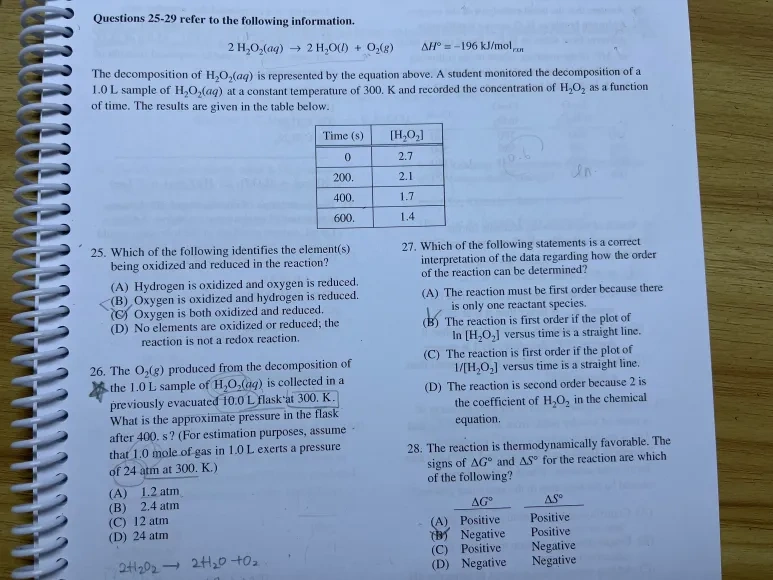 AP Chemistry multiple-choice practice page with handwritten working