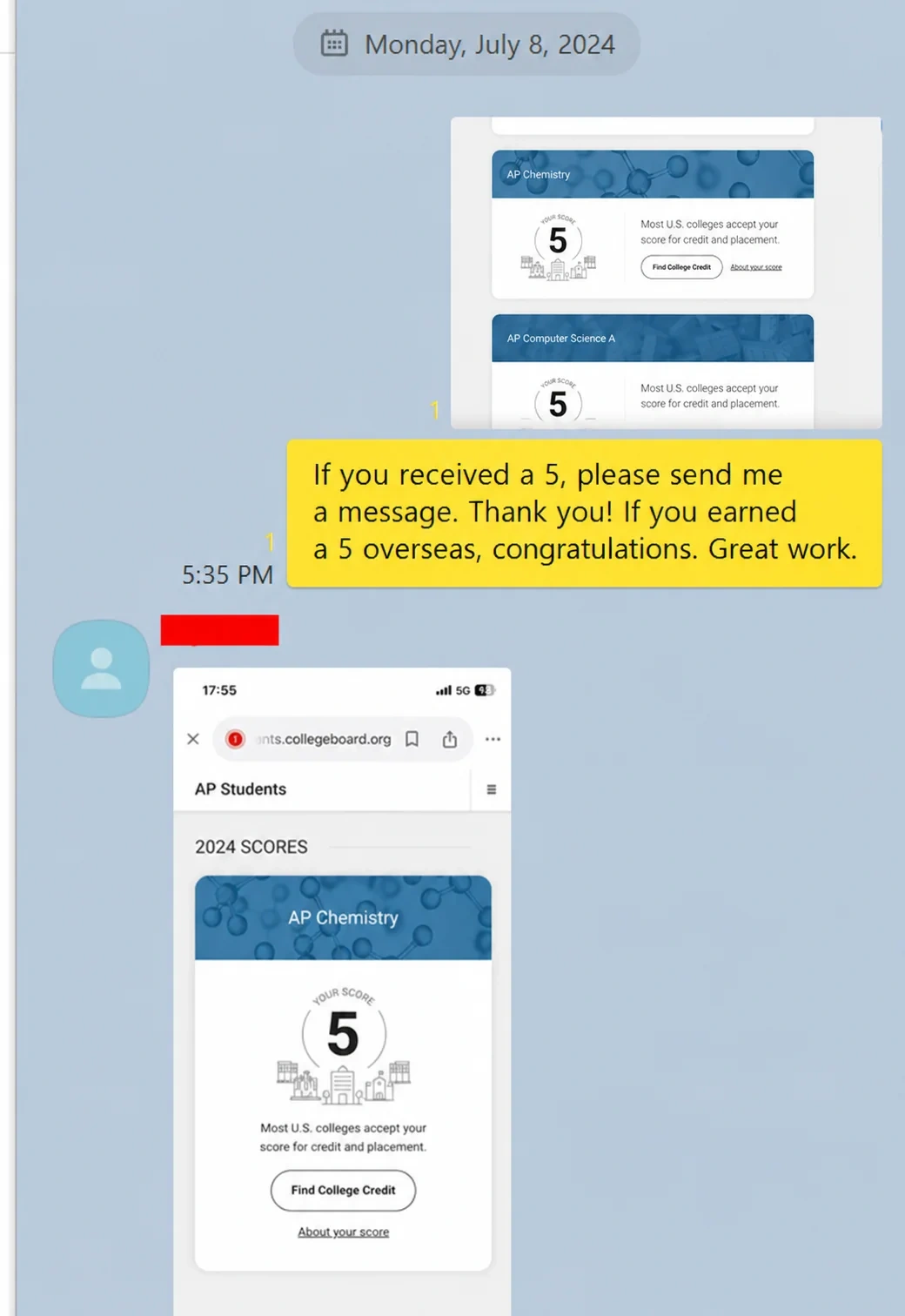 English AP Chemistry and Computer Science A score 5 message