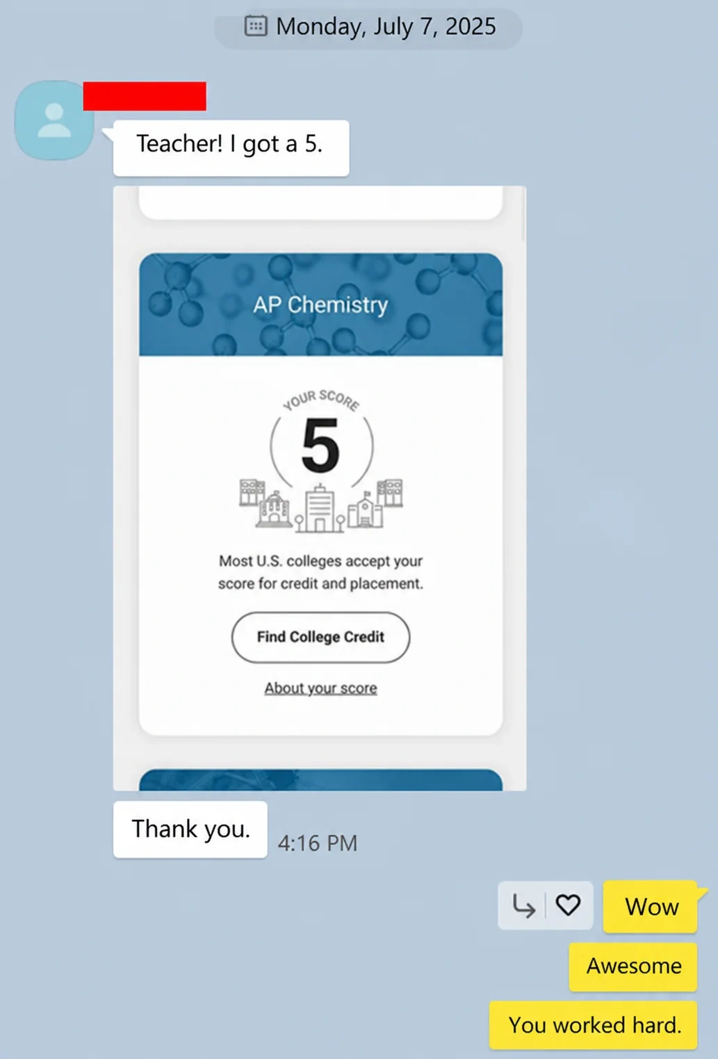 English translation of an AP Chemistry score report and congratulations