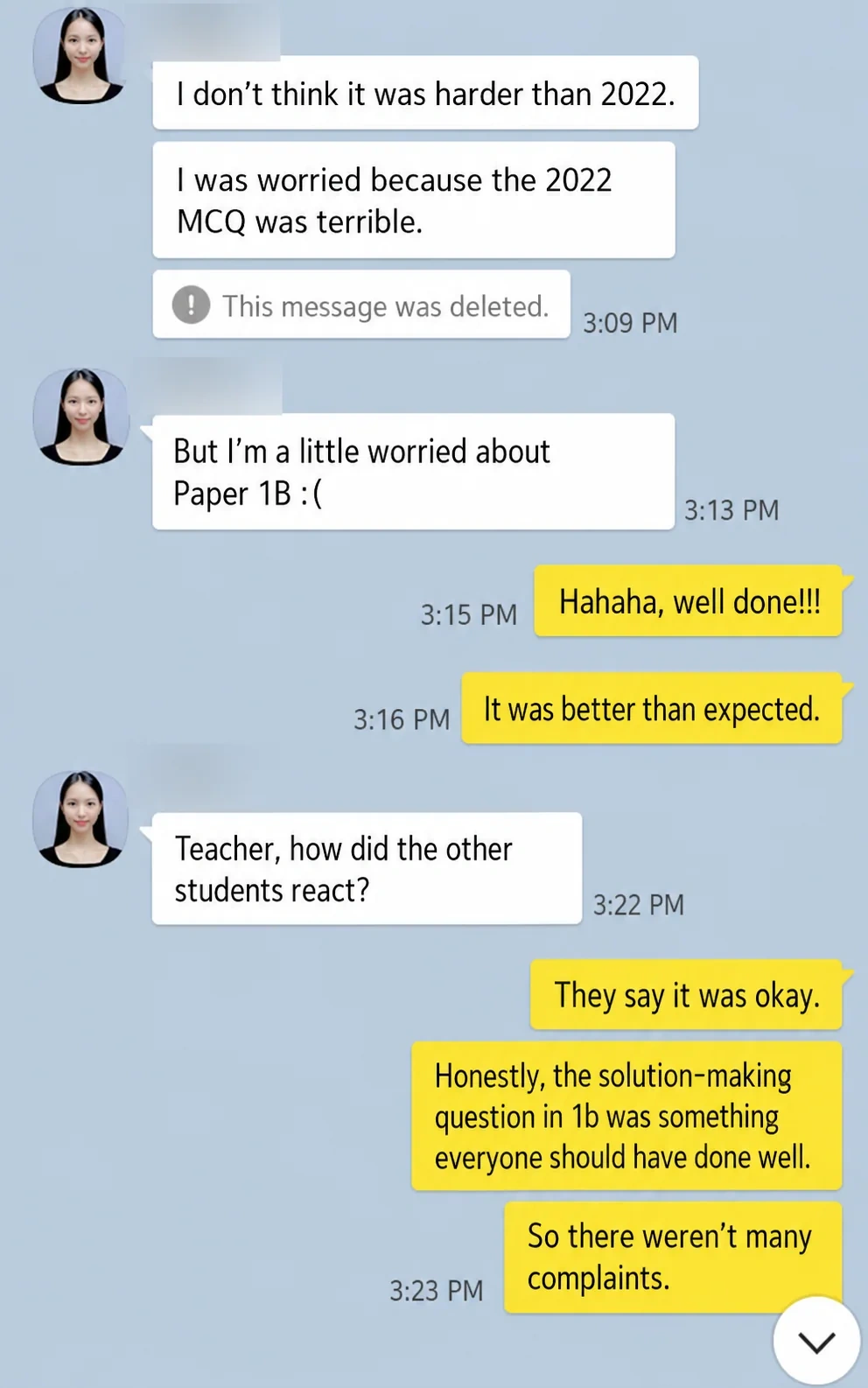 English translation of student reactions to IB Chemistry Paper 1B