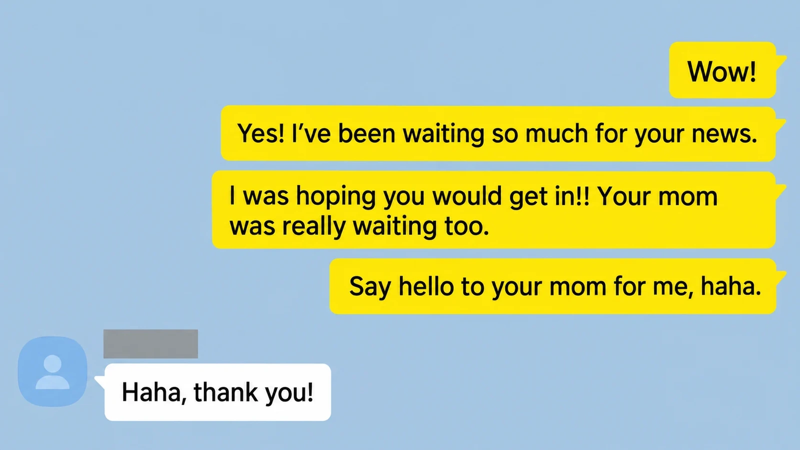 Redacted English translation of the teacher congratulating the student and greeting their mother