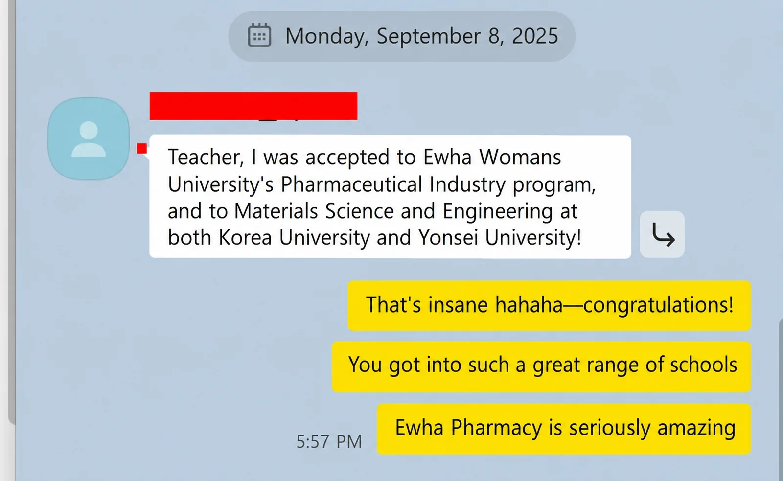 English translation of Ewha, Korea University, and Yonsei University acceptance messages
