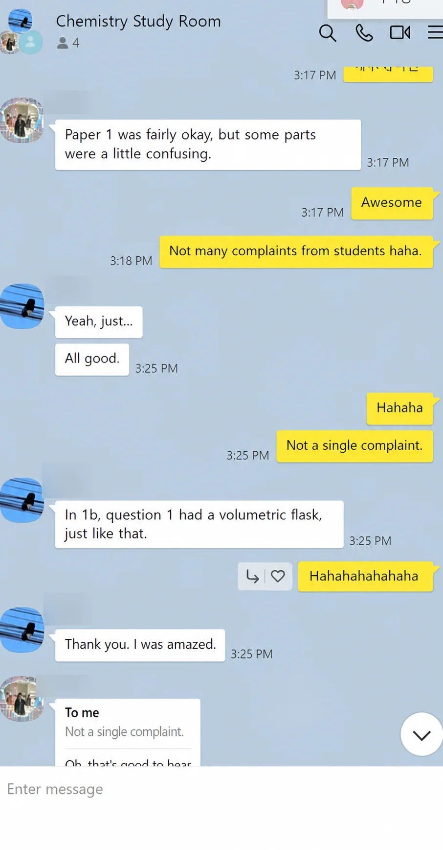 English translation of group feedback on IB Chemistry Paper 1 and volumetric flask questions
