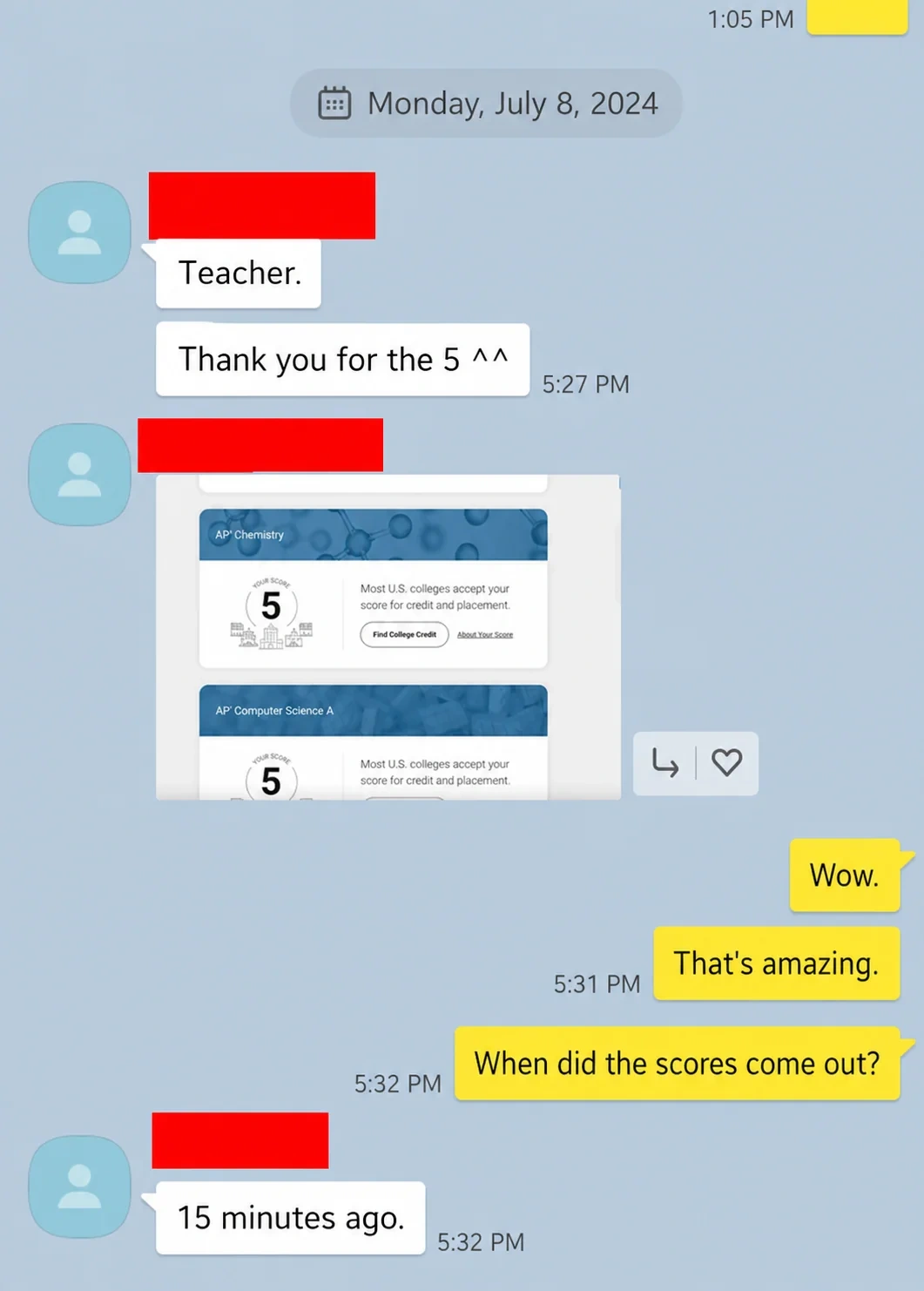 English translation of a student sharing AP Chemistry and Computer Science A scores of 5