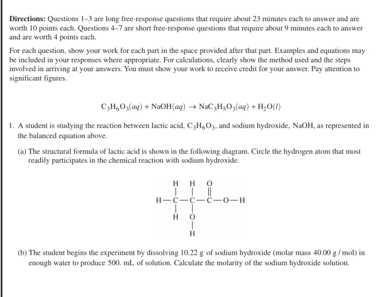Official-style AP Chemistry free-response question on lactic acid titration