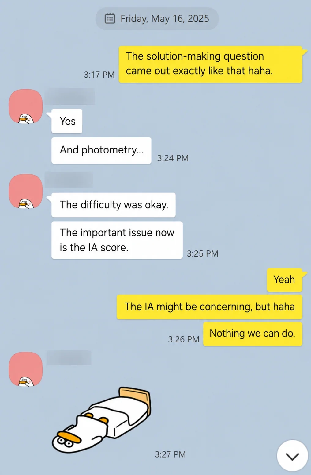 English translation of a discussion about photometry, exam difficulty, and the IA score