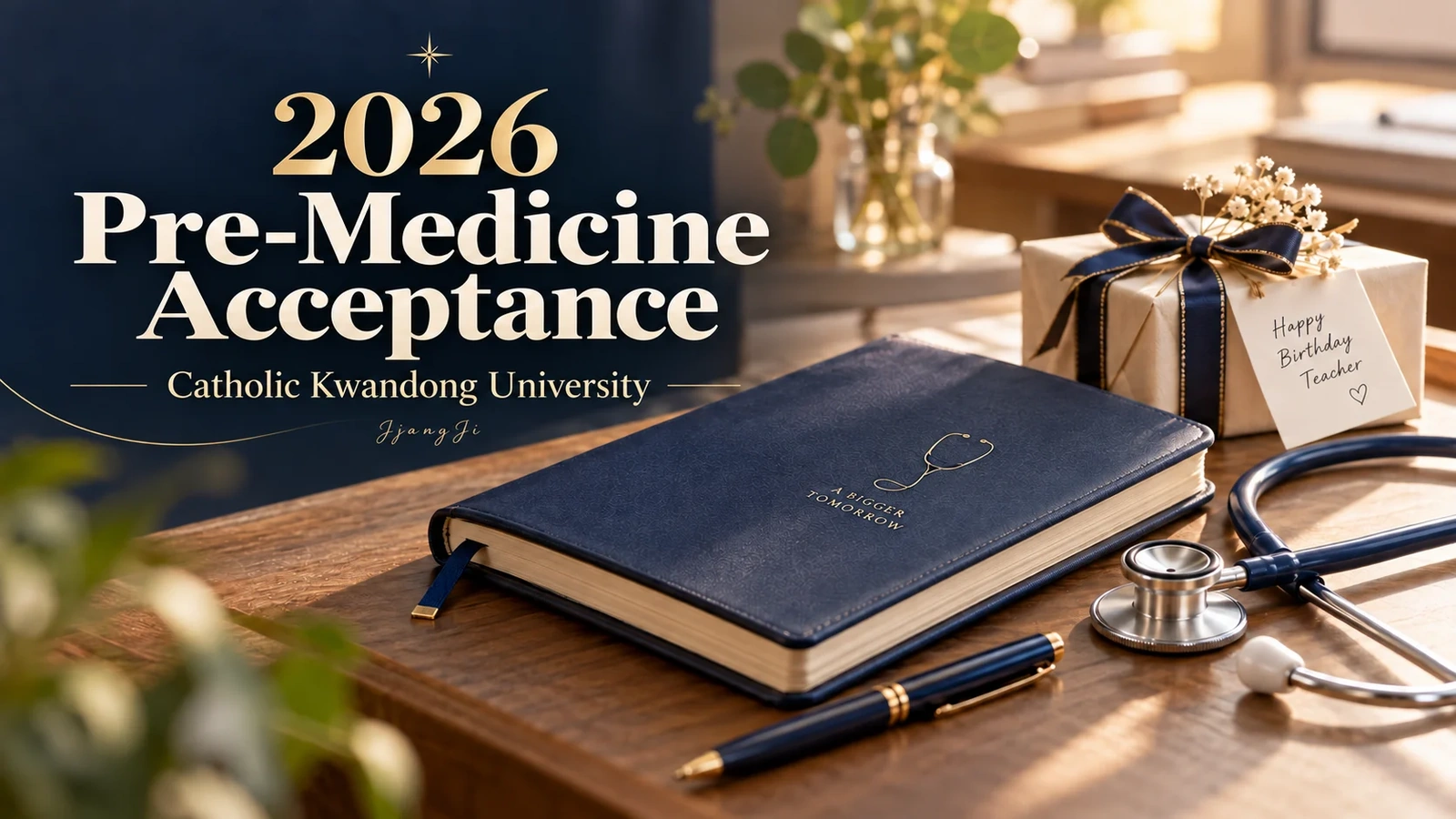Illustration celebrating 2026 Catholic Kwandong University pre-medicine acceptance and a birthday