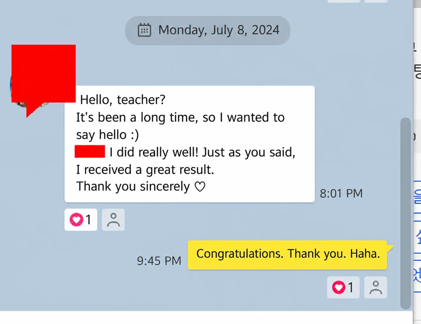 English translation of a student thanking their teacher for a successful AP result