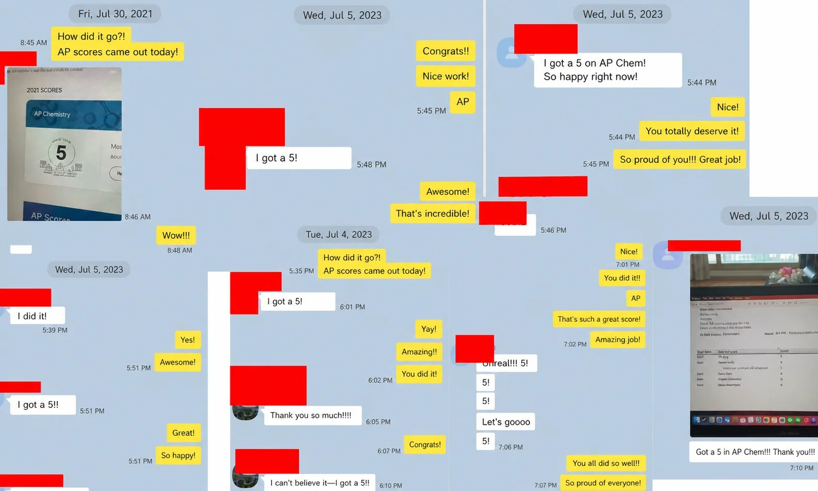 English collage of students sharing AP Chemistry scores of 5
