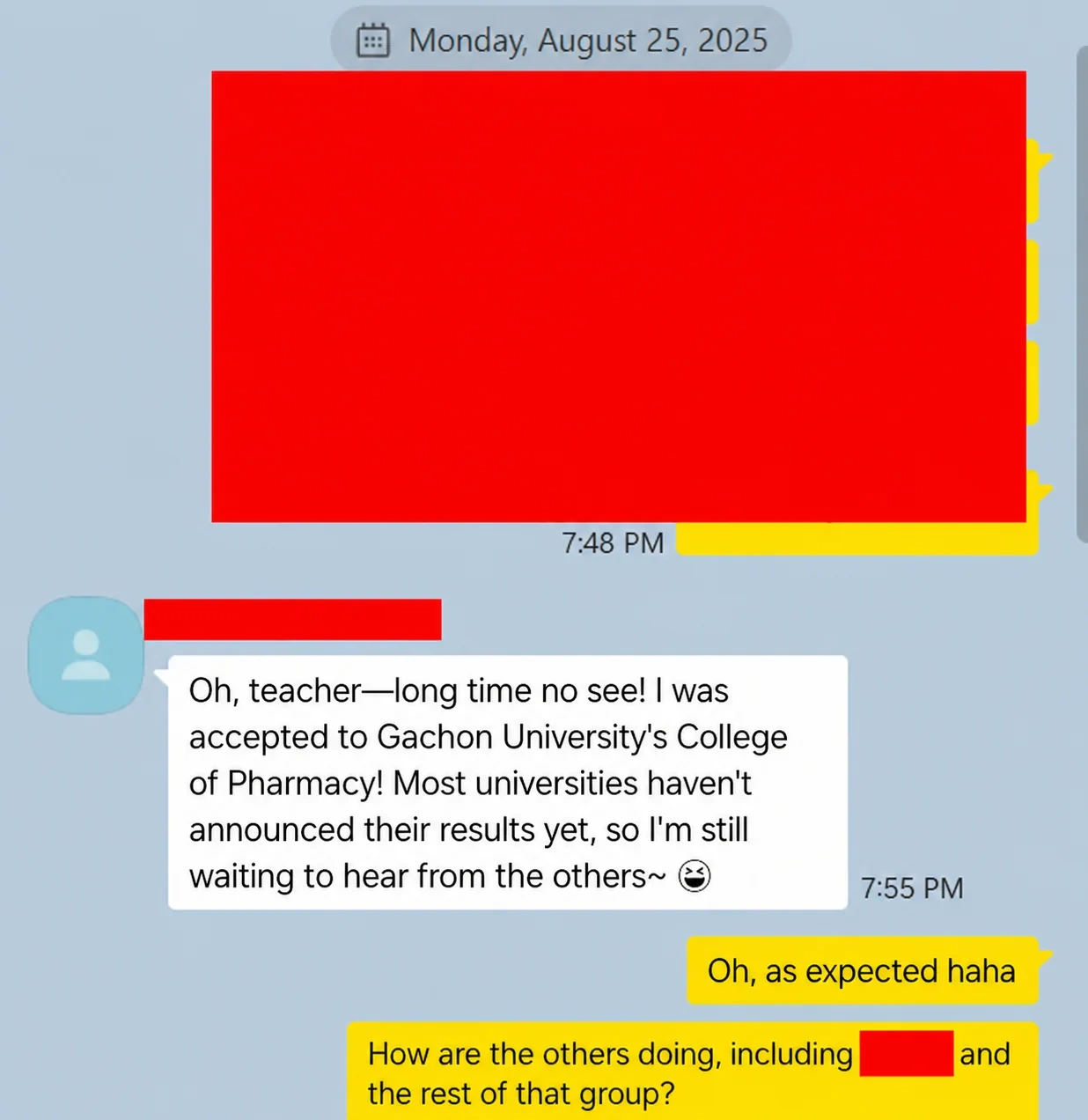 English translation of a Gachon University pharmacy acceptance message