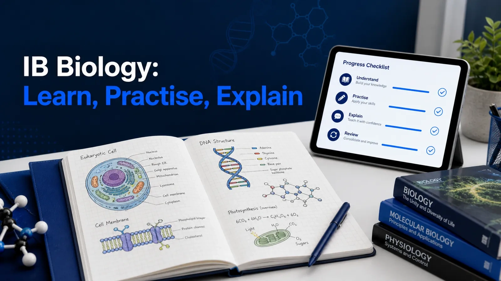 IB Biology study desk illustrating a learn, practise, explain, and review workflow