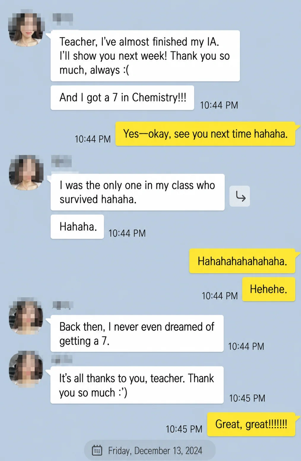 English translation of a student celebrating an IB Chemistry grade 7
