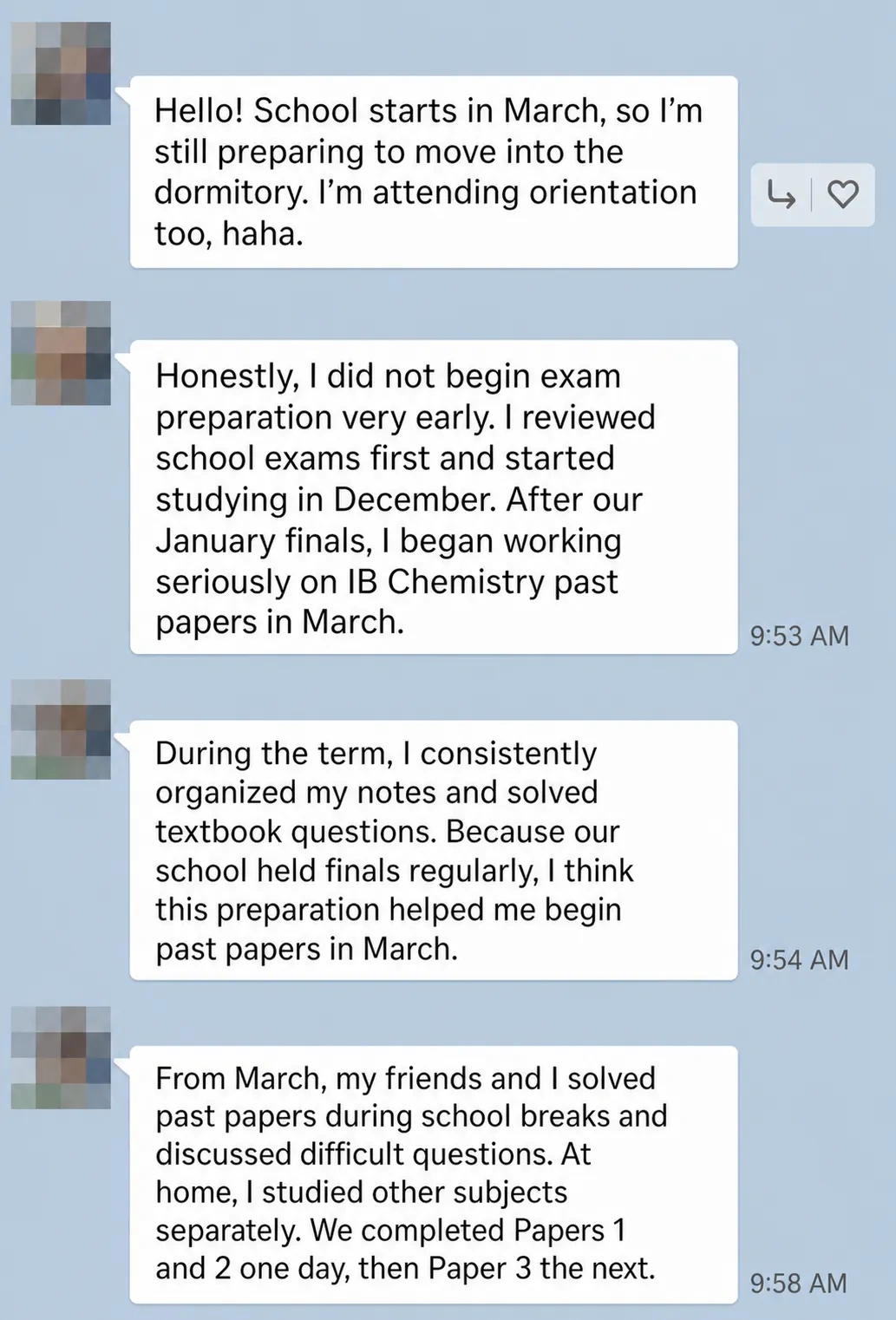 English translation of an IB Chemistry student describing a past-paper study schedule