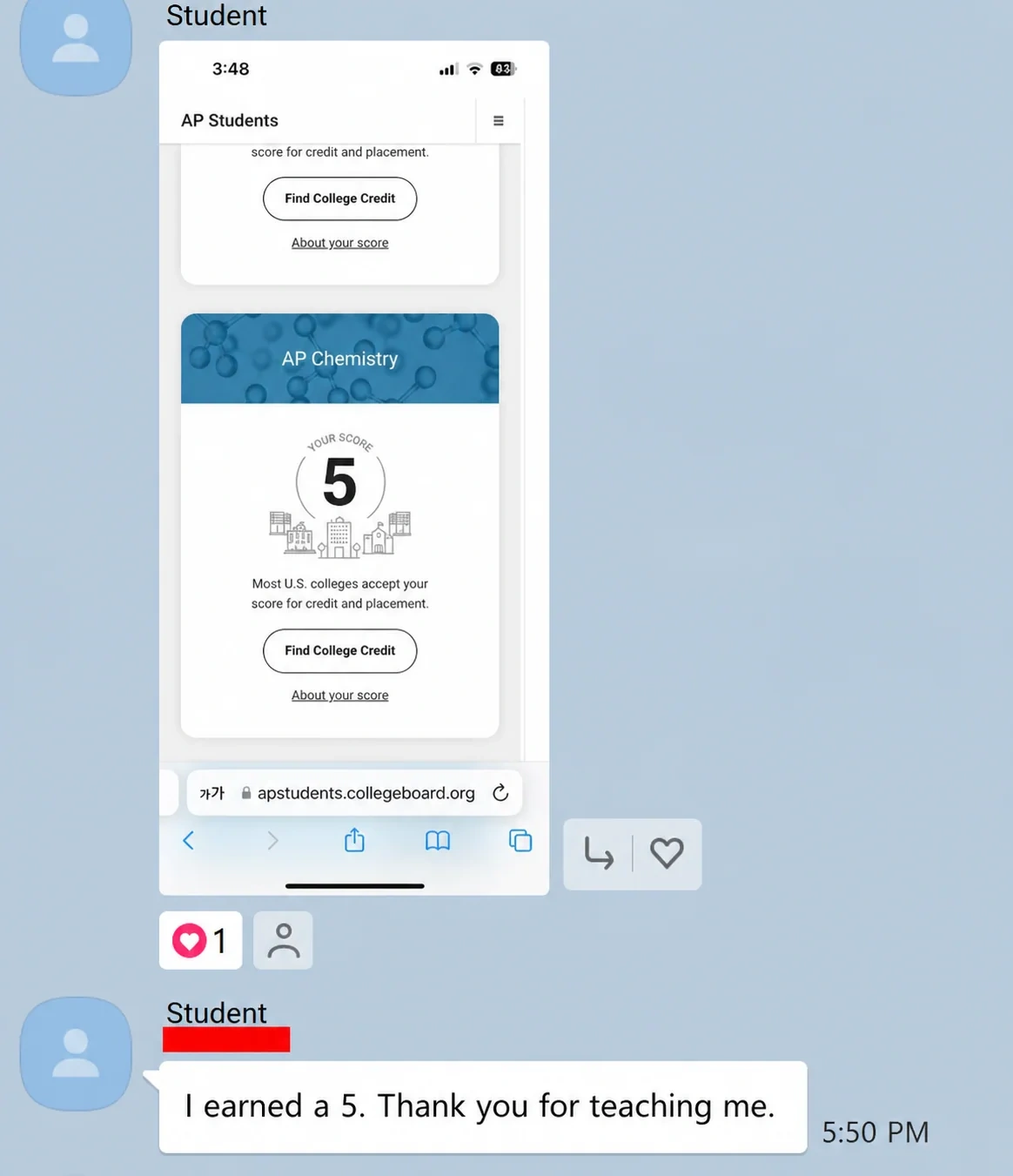 English translation of another student reporting an AP Chemistry score of 5
