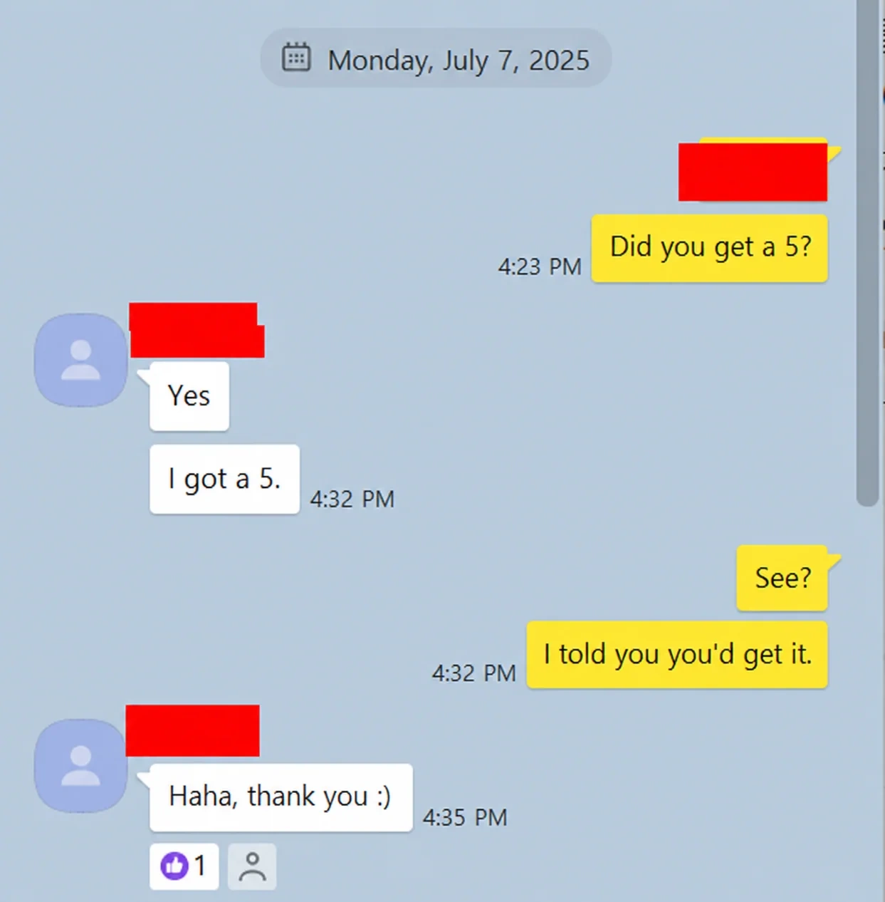 English translation of a student confirming an AP Chemistry score of 5