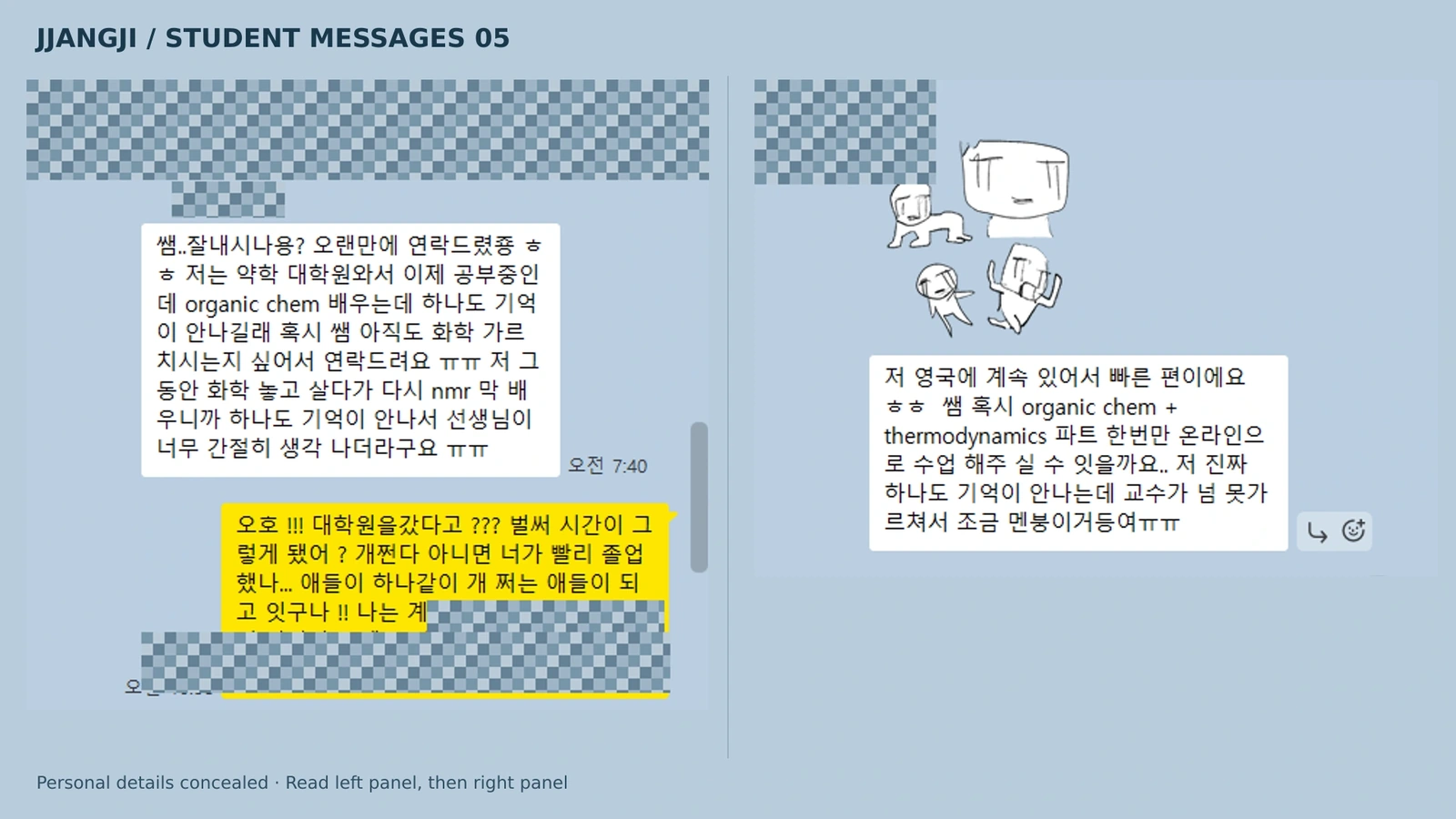 영국 대학원에 진학한 제자의 유기화학 NMR 및 열역학 수업 문의, 개인정보 모자이크