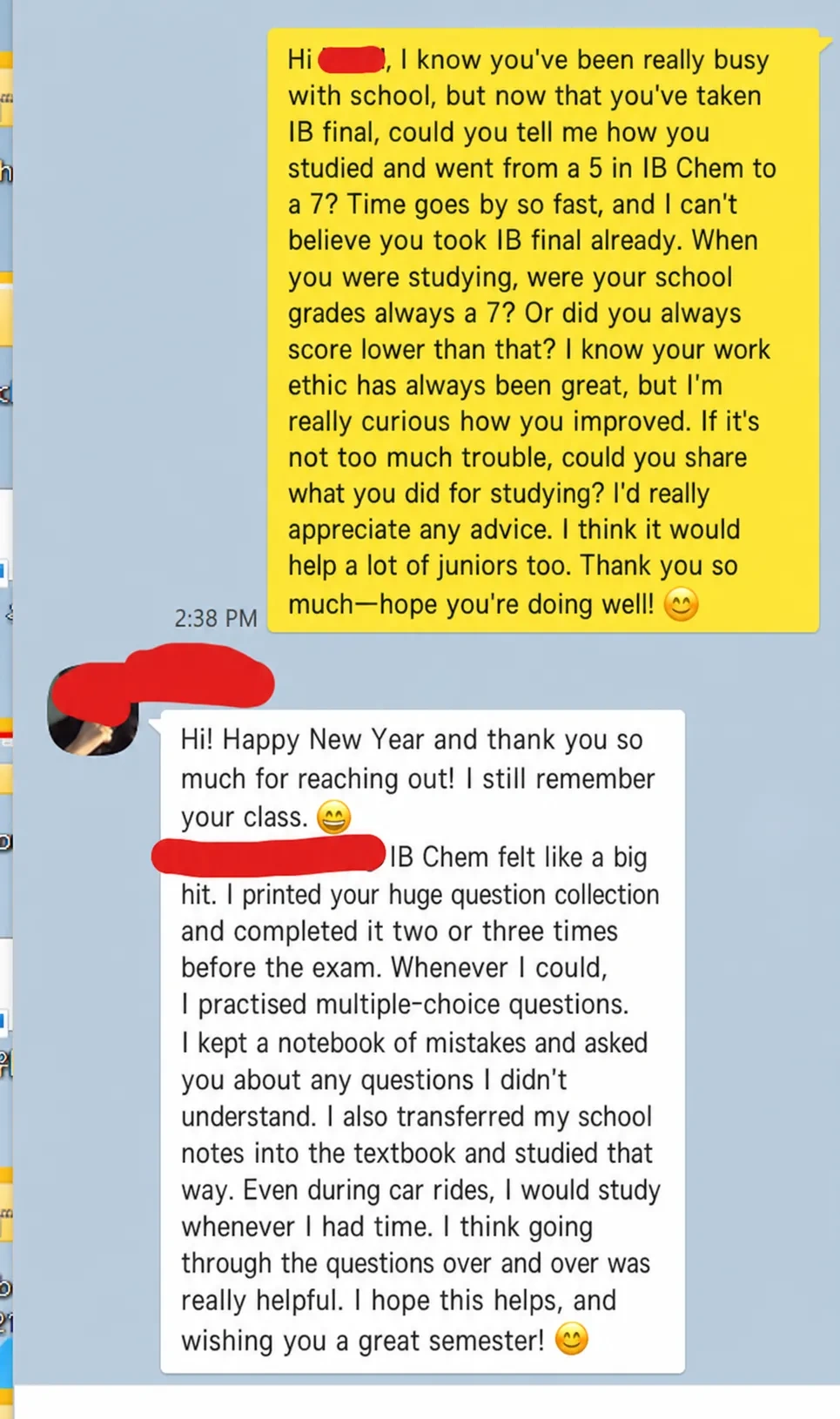 English translation of an IB Chemistry student explaining how they improved from grade 5 to grade 7