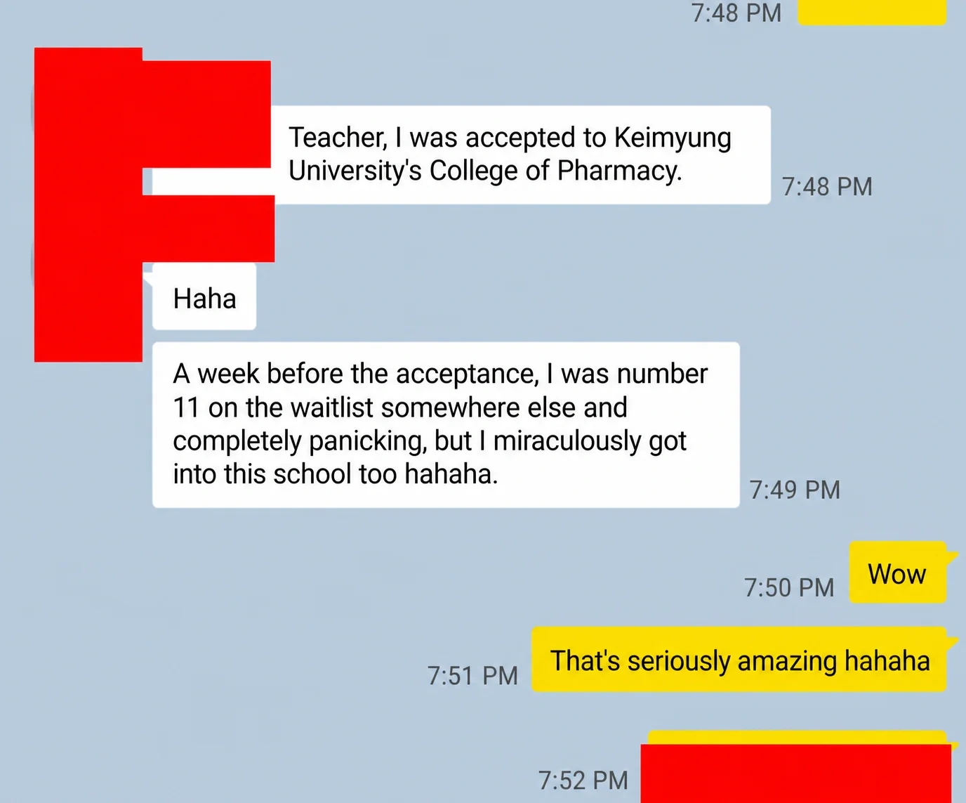 English translation of a Keimyung University pharmacy acceptance message