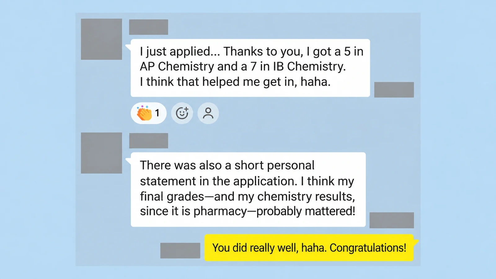 English translation of a student’s KakaoTalk messages reporting AP Chemistry 5 and IB Chemistry 7, with identifying details concealed