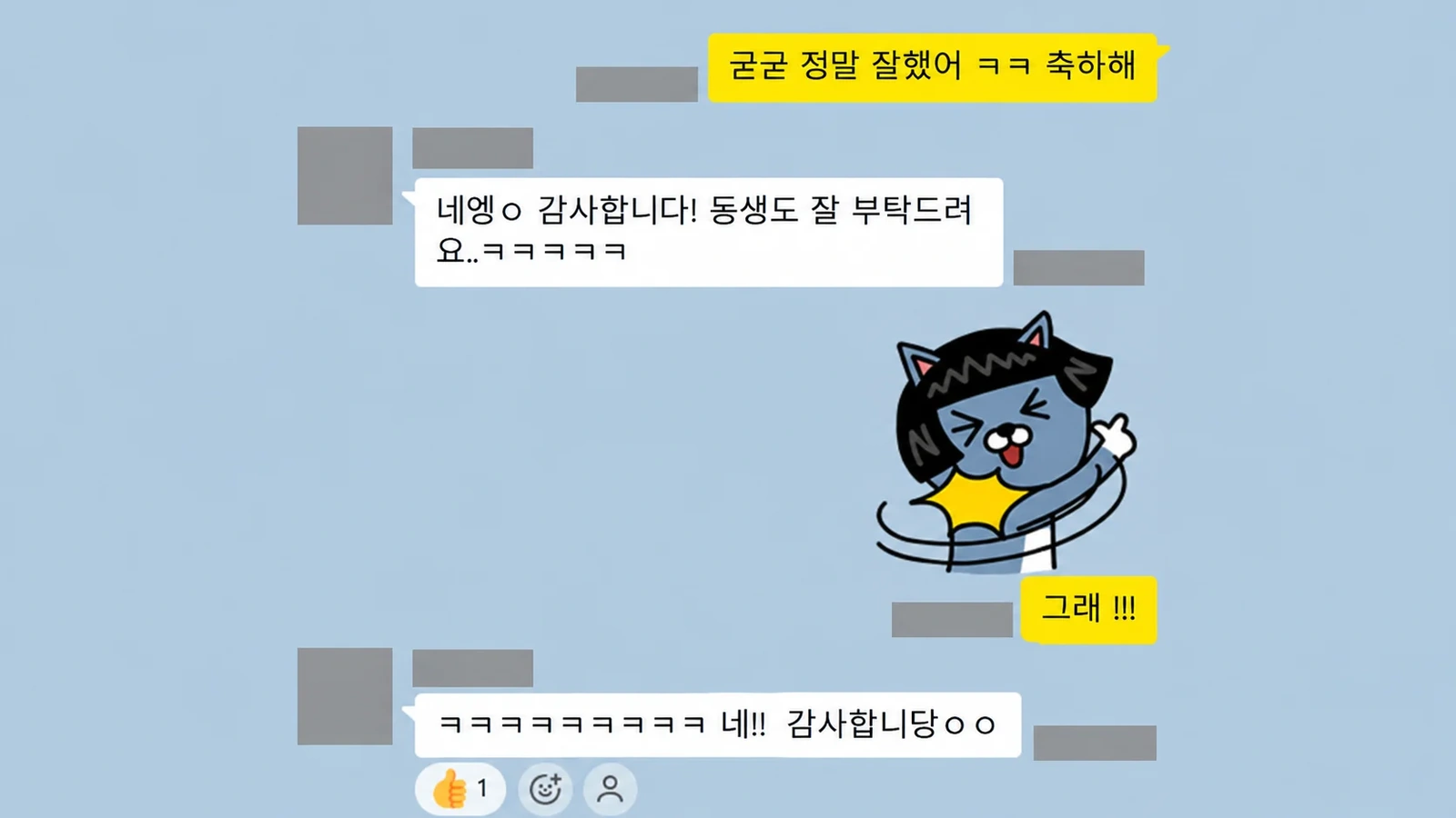 감사 인사와 동생의 화학 수업을 부탁하는 학생의 카카오톡 메시지, 개인정보 가림