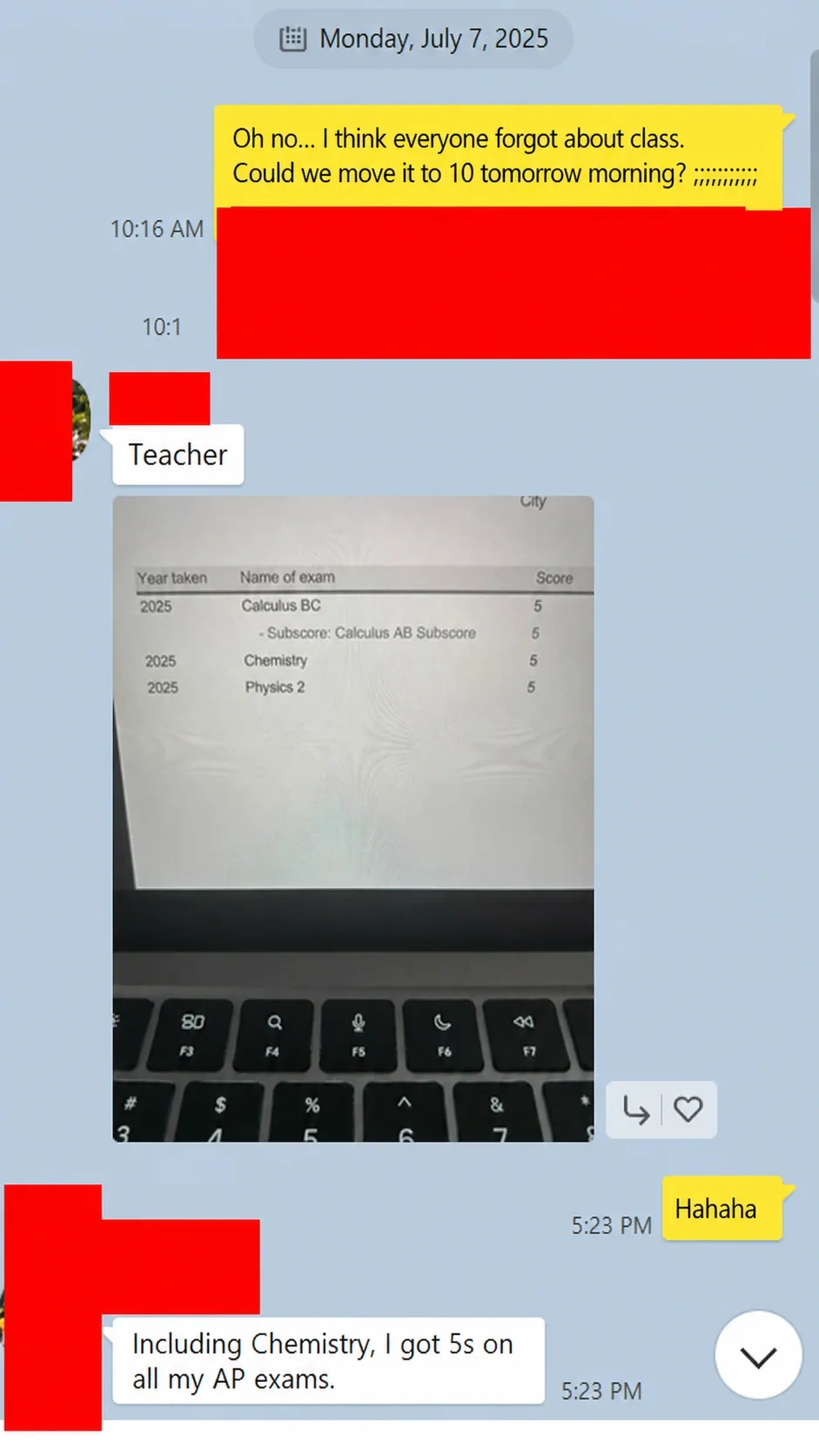 English translation of a student earning 5s in Calculus BC, Chemistry, and Physics 2